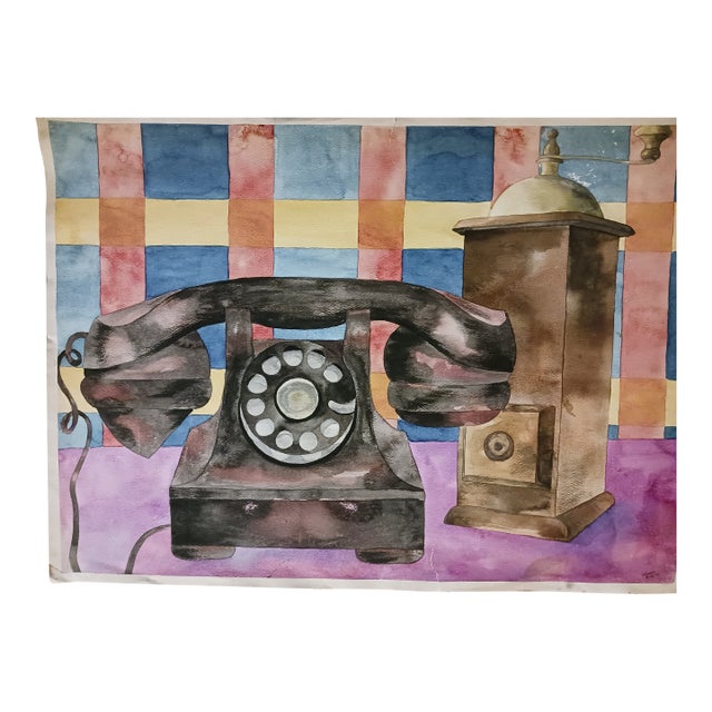 1982 Modernist Telephone Watercolor Painting For Sale