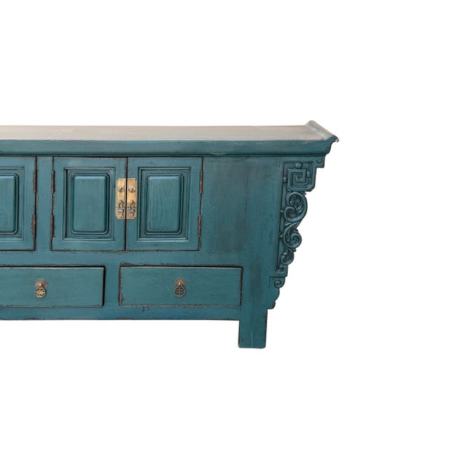 Asian Style Distressed Rustic Teal Blue Low Tv Console Table Cabinet For Sale - Image 11 of 16