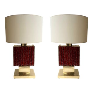 Contemporary Pair of Brass Fusion and Red Murano Glass Lamps, Italy For Sale