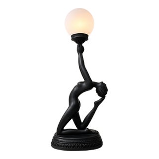 Elegant Art Deco Style Black Women Figural Table Lamp With Frosted Globe Shade Hollywood Regency For Sale