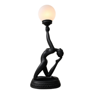 Elegant Art Deco Style Black Women Figural Table Lamp With Frosted Globe Shade Hollywood Regency