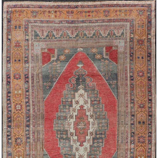 Mid 20th Century Vintage Turkish Oushak Rug Medallion Design in Red Gray and Orange For Sale - Image 4 of 13