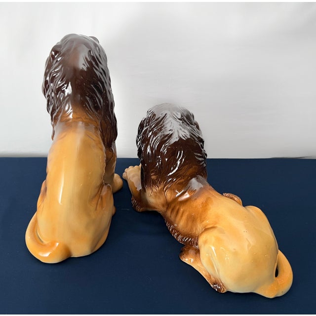 Ceramic Pair of Vintage Hand Painted Lion Statues For Sale - Image 7 of 8