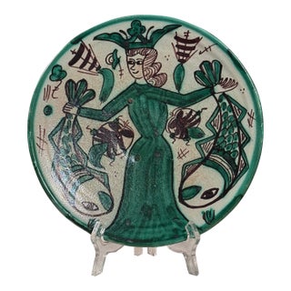 Vintage Mid Century Polychrome Glazed Ceramic Platter by Domingo Punter, Signed For Sale