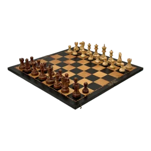 Antique Rosewood & Exotic Woods Marquetry Folding Chess Board With Hand Carved Game Pieces