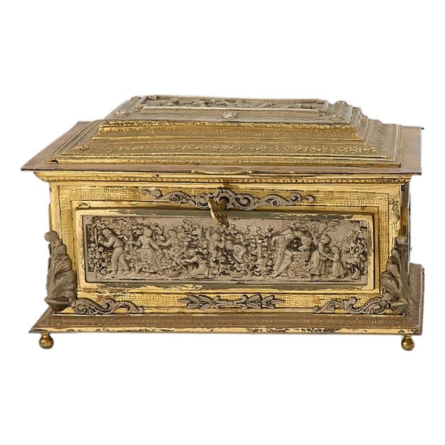 Antique Spanish Gilt Bronze / Silvered Casket Box Lined Interior Decorative Box For Sale