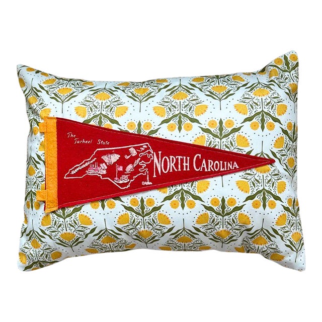 North Carolina Vintage Pennant on New Woven Floral Throw Pillow For Sale