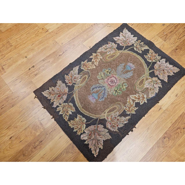 1900 - 1909 Vintage Hand-Hooked Rug, Floral Pattern, Wool & Cotton, American Folk Art, 3x4 For Sale - Image 5 of 16