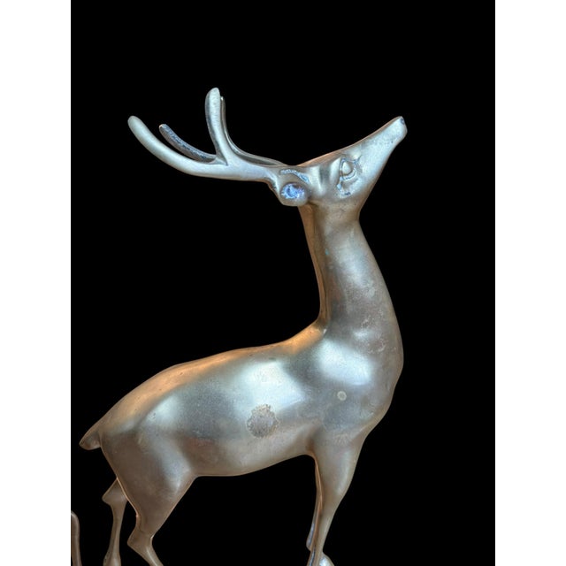 Hollywood Regency Large Vintage Patina Brass Pair Deer Buck Doe For Sale - Image 3 of 9