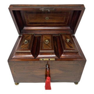 Antique English Wooden Georgian Chippendale Triple Tea Caddy 18c Irish Provenance For Sale