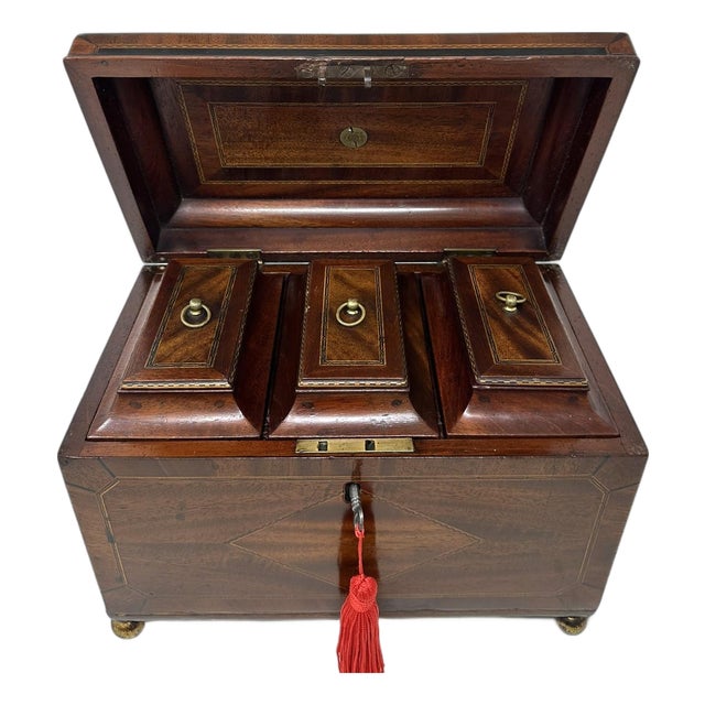 Antique English Wooden Georgian Chippendale Triple Tea Caddy 18c Irish Provenance For Sale