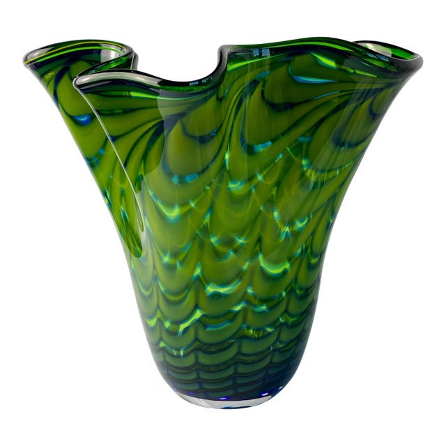 Murano Style Pulled Feather Spiral Art Glass Vase For Sale