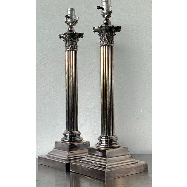 Vintage Stamped English Silver Corinthian Column Candlestick Lamps - A Pair For Sale - Image 9 of 11