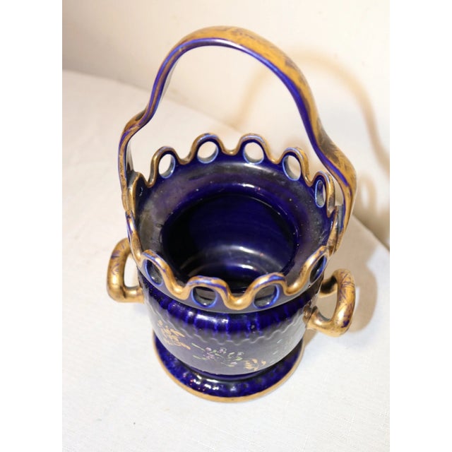 Unique Antique Hand Painted Porcelain Cobalt Gold Gilded Basket Style Vase Pot For Sale - Image 9 of 11