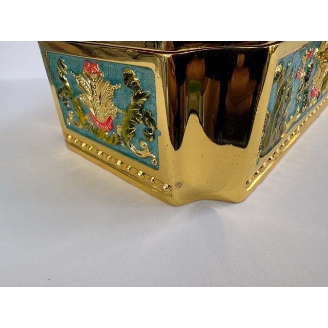 Hollywood Regency Hollywood Regency Gilt Metal Jewelry Casket With Turquoise Enamel Panels & Velvet Interior For Sale - Image 3 of 11