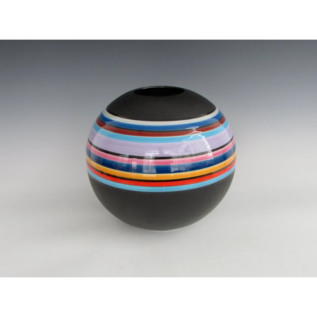 Marilyn Kay Austin Marilyn Kay Austin Style Ball Shaped Matte Black with Multi Stripe Rainbow Vase For Sale - Image 4 of 11