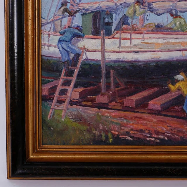 Vintage Impressionist Oil Painting of a Harbor Scene For Sale In West Palm - Image 6 of 10