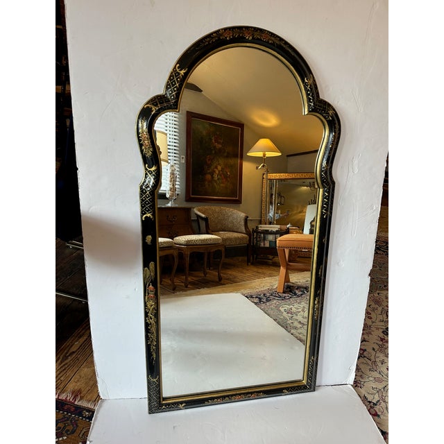 1960s Large Ebonized Hand Painted & Gilded Chinoiserie Wall Mirror For Sale - Image 5 of 13