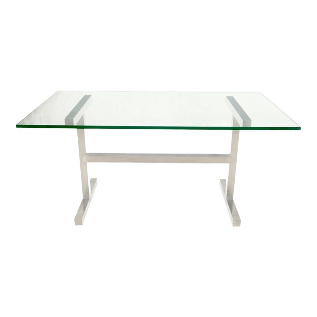 Square Stainless Profile Base Glass Top Dining Writing Work Station Table For Sale