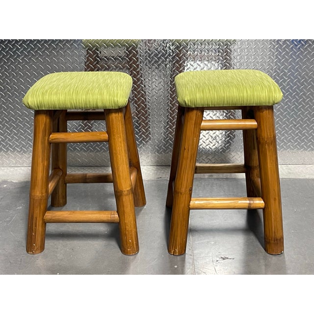 Mid 20th Century Vintage Bamboo Counter Stools – Set of 2 – Green Upholstered Seats – Mid-Century Tiki / Coastal Style, MCM For Sale - Image 5 of 11