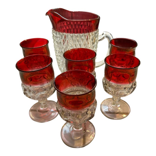1960s Mid Century Indiana Glass Cranberry Pitcher and Six Glasses For Sale