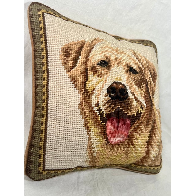 Exquisitely hand-crafted vintage throw pillow with a realistic depiction of a Golden Retriever. Beige velveteen back with...