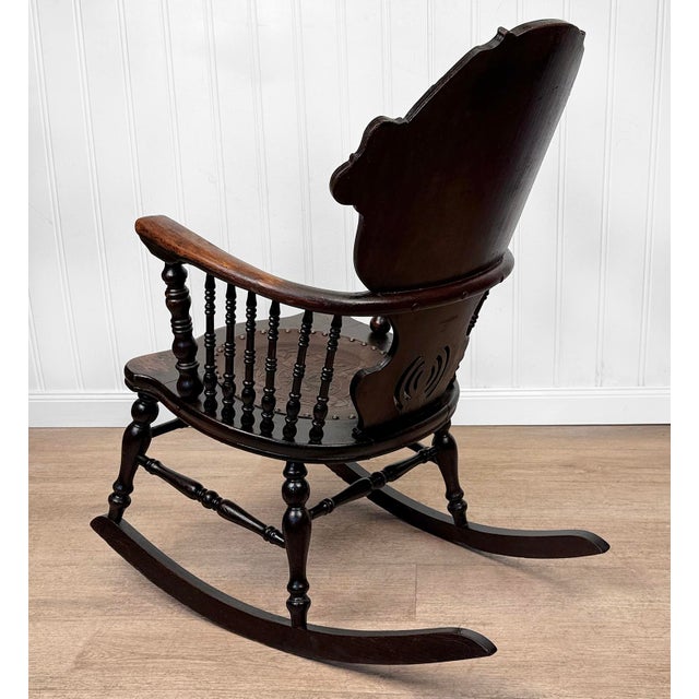 Late 19th Century Antique Victorian Carved Oak & Leather Tufted Rocking Chair For Sale - Image 5 of 15