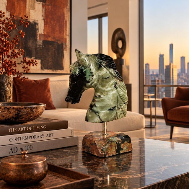 Modern Gemstone Emerald Horse Bust Sculpture Olive Black Hand Carved For Sale - Image 3 of 11