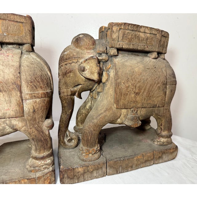 Pair of Antique 1700's Hand Carved Wood India Temple Salvage Elephant Sculptures For Sale - Image 14 of 18