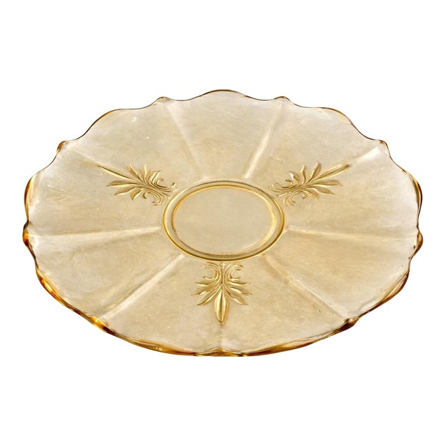 Vintage Amber Pressed Glass Platter — Scalloped Floral Catch-All Tray for Console, Coffee Table or Vanity (14”) For Sale