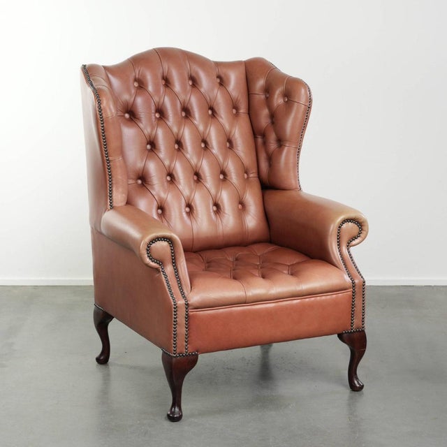 Classic English Cowhide Button-Seat Chesterfield Wing Armchair For Sale - Image 13 of 13