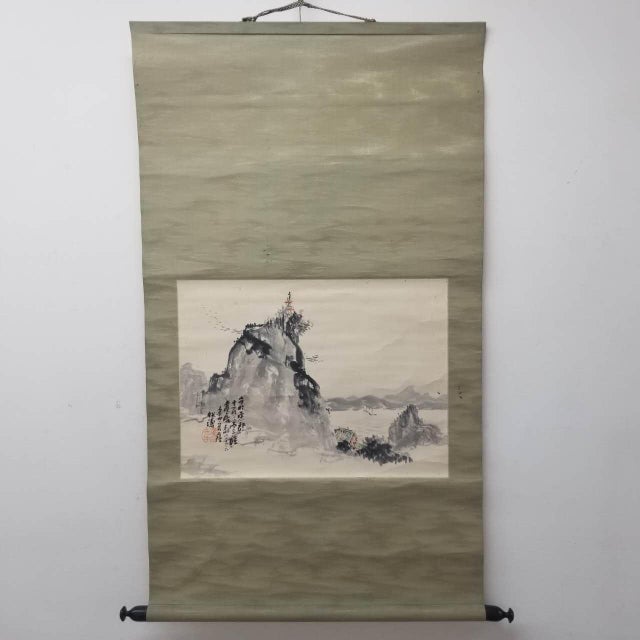 Vintage Japanese Hanging Scroll Ink Landscape With Mountains, Sea, and Sailing Boats For Sale - Image 10 of 13