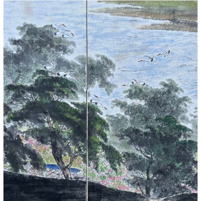 Blue Mid 20th Century Monumental Chinese 6 Panel Hand-Painted Landscape Screen W/ Cranes & Calligraphy For Sale - Image 8 of 18