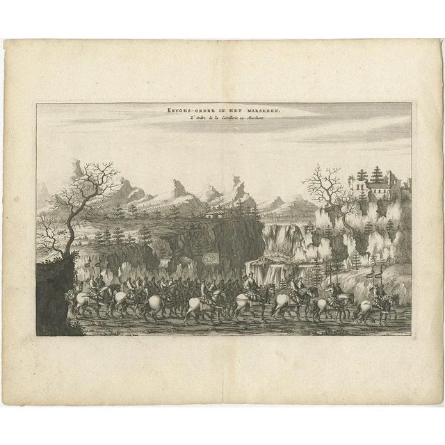 Antique print titled ‘Kryghs-Ordre in het Marseren. L’Ordre de la Cavallerie en Marchant’. Decorative print depicting the...