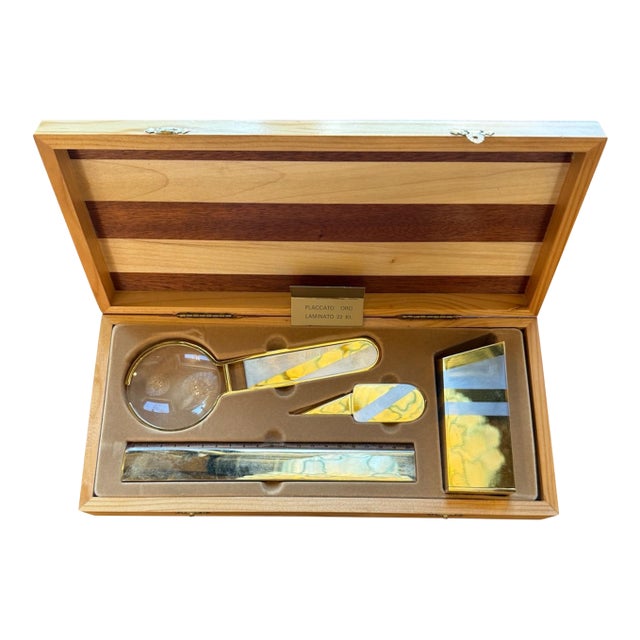 24k Gold-Plated Five-Piece Desk Set in Wood Presentation Box, 1970s Italy For Sale