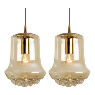 Smoked Brown Glass and Brass Pendant Lights attributed to Peill & Putzler, 1960s, Set of 2 For Sale