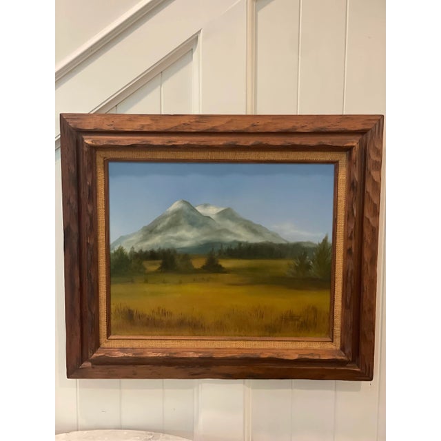Original Signed Painting of a Mountain Range and Field, signed front and back by Kathy Foreman.
