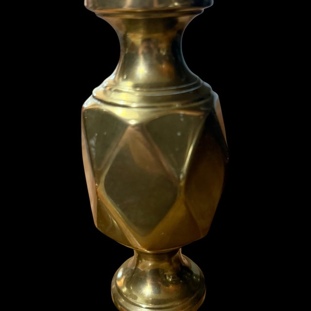 Brass Candlestick Holders Antique Victorian Brass King of Diamonds Candlestick Holder Pair, C. 1897 Diamond Jubilee Push-Up Holders For Sale In Boston - Image 6 of 9