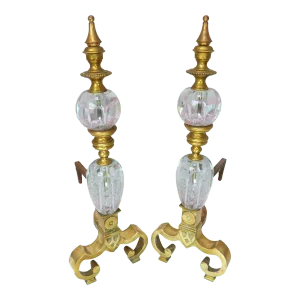 Vintage Polished Brass Andirons With St Clair Glass Globes Infused With Stylized Pink Flowers - a Pair