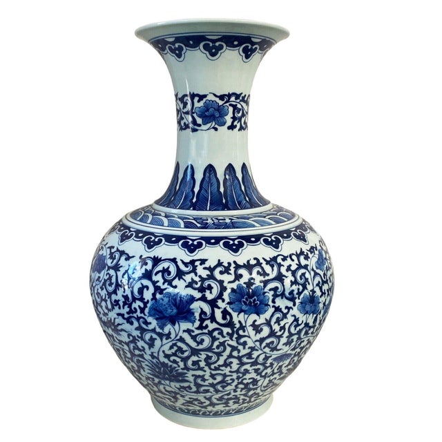 1980s Vintage Chinoiserie Blue & White Porcelain Onion Shape Vase Dragon and Phoenix 21" H For Sale - Image 5 of 8