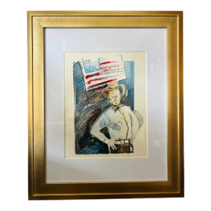 Late 19th Century Patriotic Cowboy Watercolor Portrait by Geran Gerber – Original Americana Western Art in Gold Frame