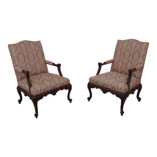 Pair Statesville Georgian Carved Mahogany Upholstered Chairs For Sale