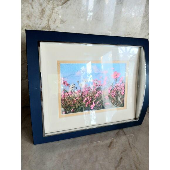 1970s MCM 3D Foil Art Deco Diorama Scene Mt Fuji Pink Cosmos Flower Concave Blue Frame For Sale - Image 9 of 17