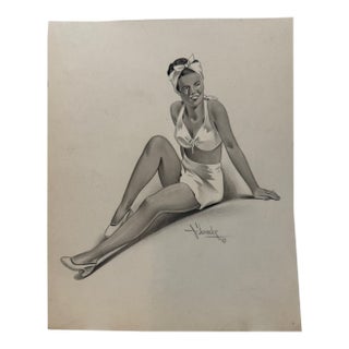 1940s Original t.e. Schrock Signed Graphite Illustration of Seated Woman in Beachwear, 10¼ × 8¼ In. For Sale