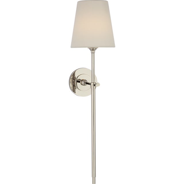 2020s Thomas O'Brien for Visual Comfort Signature Bryant 27" Cordless Tail Sconce in Polished Nickel with Linen Shade For Sale - Image 5 of 13