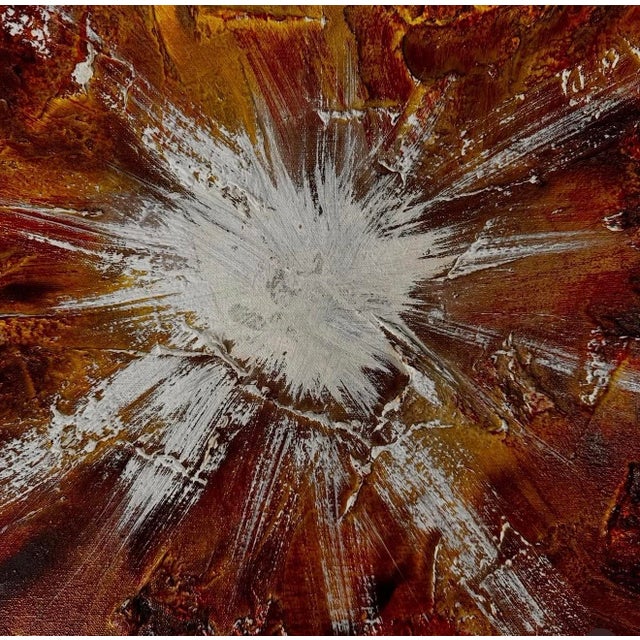 Stunning mid-century, abstract oil painting in reds orange white. Solar flares in 36 x 36 by one.