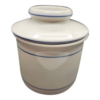 Vintage Butter Crock Keeper Dish Norpro White Blue Bell Shape Stoneware 3" For Sale