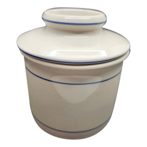 Vintage Butter Crock Keeper Dish Norpro White Blue Bell Shape Stoneware 3"