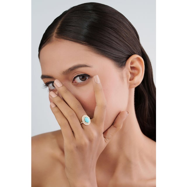 1.43ct Oval Turquoise Cabochon Double Halo Diamond 14k Gold Contemporary Ring Size 5 For Sale - Image 9 of 17