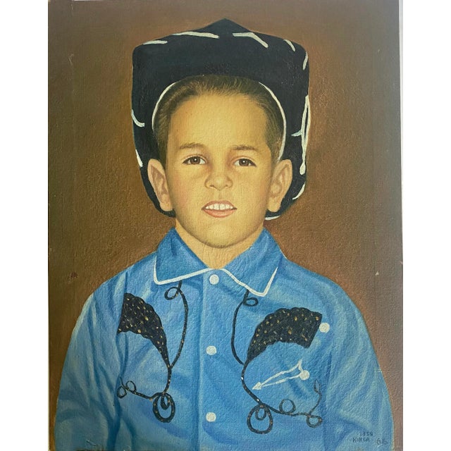 Blue Mid 20th Century Portrait Oil on Canvas Painting of Cowboy Signed, Korea 1958 For Sale - Image 8 of 8